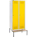 Schäfer Shop Genius Casier de vestiaires avec banc, 2 compartiments, largeur de compartiment 400 mm, serrure à cylindre, gris clair/jaune