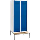 Schäfer Shop Genius Casier de vestiaires avec banc, 2 compartiments, largeur de compartiment 400 mm, serrure de sécurité à came batteuse, gris clair/bleu gentiane