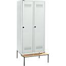 Schäfer Shop Genius Casier de vestiaires avec banc, 2 compartiments, largeur de compartiment 400 mm, serrure de sécurité à came batteuse, gris clair/gris clair