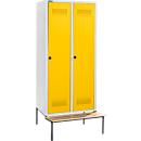 Schäfer Shop Genius Casier de vestiaires avec banc, 2 compartiments, largeur de compartiment 400 mm, serrure de sécurité à came batteuse, gris clair/jaune