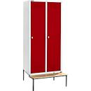 Schäfer Shop Genius Casier de vestiaires avec banc, 2 compartiments, largeur de compartiment 400 mm, serrure de sécurité à came batteuse, gris clair/rouge rubis