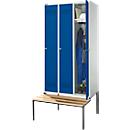 Schäfer Shop Genius Casier de vestiaires avec banc, 3 compartiments, largeur de compartiment 300 mm, serrure à cylindre, gris clair/bleu gentiane
