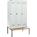 Schäfer Shop Genius Casier de vestiaires avec banc, 3 compartiments, largeur de compartiment 400 mm, serrure de sécurité à came batteuse, gris clair/gris clair
