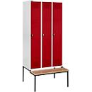 Schäfer Shop Genius Casier de vestiaires avec banc, 3 compartiments, serrure à came batteuse, gris clair/rouge