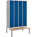 Schäfer Shop Genius Casier de vestiaires avec banc, 4 compartiments, serrure de sécurité à came batteuse, alu blanc/bleu gentiane