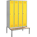 Schäfer Shop Genius Casier de vestiaires avec banc, 4 compartiments, serrure de sécurité à came batteuse, alu blanc/jaune
