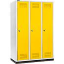 Schäfer Shop Genius Casier de vestiaires sur socle, 3 compartiments, largeur de compartiment 400 mm, serrure à cylindre, gris clair/jaune colza