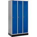 Schäfer Shop Genius Casier de vestiaires sur socle, 3 compartiments, serrure de sécurité à came batteuse, argent clair/bleu gentiane