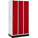 Schäfer Shop Genius Casier de vestiaires sur socle, 3 compartiments, serrure de sécurité à came batteuse, gris clair/rouge