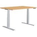 Schäfer Shop Genius desk MODENA FLEX, regulable en altura eléctricamente, rectangular, pie en T, ancho 1200 x fondo 800 mm, haya/aluminio blanco