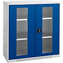Schäfer Shop Genius double door cabinet FS, steel, viewing window, ventilation holes, W 1055 x D 520 x H 1105 mm, 3 OH, light grey/ gentian blue, up to 300 kg