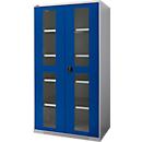 Schäfer Shop Genius double door cabinet FS, steel, viewing window, ventilation holes, W 1055 x D 620 x H 1950 mm, 5 OH, white alu/ gentian blue, up to 500 kg 