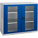 Schäfer Shop Genius double door cabinet FS, steel, viewing window, ventilation holes, W 1343 x D 520 x H 1105 mm, 3 OH, white alu/ gentian blue, up to 450 kg