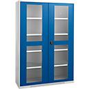 Schäfer Shop Genius double door cabinet FS, steel, viewing window, ventilation holes, W 1343 x D 620 x H 1950 mm, 5 OH, white alu/ gentian blue, up to 750 kg 