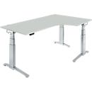 Schäfer Shop Genius ERGOSTYLE S bureau, 90°, rechts uitschuifbaar, elektrisch in hoogte verstelbaar, C-voet, twee niveaus, B 2000 x D 800 x H 645-1305 mm, incl. Memory Master, aluminium lichtgrijs/wit
