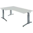 Schäfer Shop Genius ERGOSTYLE S desk, 90°, C-foot frame, left-hand attachment, manually height-adjustable, melamine resin-coated, W 2000 x D 800 x H 675-895 mm, light gray/anthracite