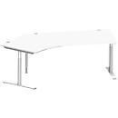 Schäfer Shop Genius escritorio angular MODENA FLEX 135°, pie en T tubo redondo, ancho 2165 mm, fijación a la izquierda, aluminio blanco/blanco