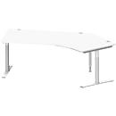Schäfer Shop Genius escritorio angular MODENA FLEX 135°, pie en T tubo redondo, ancho 2165 mm, fijación derecha, aluminio blanco/blanco