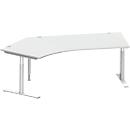 Schäfer Shop Genius escritorio angular MODENA FLEX 135°, tubo redondo con pie en T, anchura 2165 mm, fijación a la izquierda, aluminio gris claro/blanco