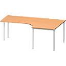 Schäfer Shop Genius escritorio angular MODENA FLEX 90°, fijación derecha, unilateral, paneles laterales acortados, tubo redondo de 4 patas, decoración haya/aluminio blanco