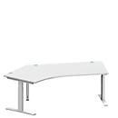 Schäfer Shop Genius escritorio angular MODENA FLEX, ángulo de 135° a la izquierda, tubo rectangular con pie en T, An 2165 x Pr 800/800 x Al 650-850 mm, aluminio gris claro/blanco