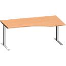 Schäfer Shop Genius escritorio de forma libre MODENA FLEX, tubo rectangular con pie en C, ancho 1800 mm, fijación a la derecha, haya/aluminio blanco