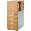 Schäfer Shop Genius Hoog ladeblok met opzetkast met schuifdeuren, afsluitbaar, B 435 x D 800 x H 1092 mm, met vierkante handgreep, beukendecor/blank aluminium