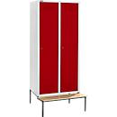 Schäfer Shop Genius Kledinglocker met zitbank, 2 compartimenten, 300 mm compartimentbreedte, cilinderslot, lichtgrijs/rood