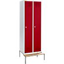 Schäfer Shop Genius Kledinglocker met zitbank, 2 compartimenten, 300 mm compartimentbreedte, veiligheidsdraaigrendelslot, lichtgrijs/robijnrood