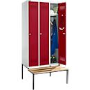 Schäfer Shop Genius Kledinglocker met zitbank, 3 compartimenten, 300 mm compartimentbreedte, cilinderslot, lichtgrijs/robijnrood