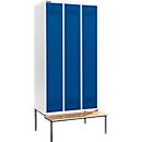 Schäfer Shop Genius Kledinglocker met zitbank, 3 compartimenten, 300 mm compartimentbreedte, veiligheidsdraaigrendelslot, lichtgrijs/gentiaanblauw