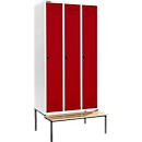 Schäfer Shop Genius Kledinglocker met zitbank, 3 compartimenten, 300 mm compartimentbreedte, veiligheidsdraaigrendelslot, lichtgrijs/robijnrood