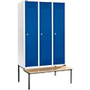 Schäfer Shop Genius Kledinglocker met zitbank, 3 compartimenten, 400 mm compartimentbreedte, cilinderslot, lichtgrijs/gentiaanblauw