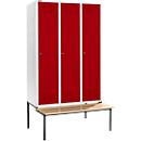 Schäfer Shop Genius Kledinglocker met zitbank, 3 compartimenten, 400 mm compartimentbreedte, cilinderslot, lichtgrijs/robijnrood