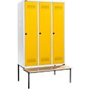 Schäfer Shop Genius Kledinglocker met zitbank, 3 compartimenten, 400 mm compartimentbreedte, veiligheidsdraaigrendelslot, lichtgrijs/koolzaadgeel