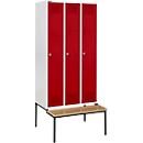 Schäfer Shop Genius Kledinglocker met zitbank, 3 compartimenten, cilinderslot, lichtgrijs/rood