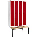 Schäfer Shop Genius Kledinglocker met zitbank, 4 compartimenten, 300 mm compartimentbreedte, veiligheidsdraaigrendelslot, lichtgrijs/rood