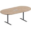 Schäfer Shop Genius Konferenztisch MODENA FLEX, 3-fach Anschluss, Oval, T-Fuß Rundrohr, B 2000 x T 1000 x H 650-850 mm, Eiche-Dekor/weißalu