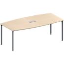 Schäfer Shop Genius Konferenztisch MODENA FLEX, 3-fach Tischanschlussfeld, Boot, 4-Fuss Rundrohr, B 2000 x H 720-840 mm, Ahorn/weissaluminium RAL 9006