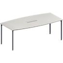 Schäfer Shop Genius Konferenztisch MODENA FLEX, 6-fach Anschluss, Boot, 4-Fuss Rundrohr, B 2000 x H 720-840 mm, lichtgrau/weissalu