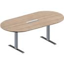 Schäfer Shop Genius Konferenztisch MODENA FLEX, 6-fach Anschluss, Oval, T-Fuß Rechteckrohr, B 2000 x T 1000 x H 650-850 mm, Eiche-Dekor/weißalu