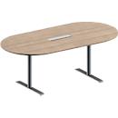 Schäfer Shop Genius Konferenztisch MODENA FLEX, 6-fach Anschluss, Oval, T-Fuß Rundrohr, B 2000 x T 1000 x H 650-850 mm, Eiche-Dekor/weißalu
