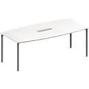 Schäfer Shop Genius Konferenztisch MODENA FLEX, 6-fach Tischanschlussfeld, Boot, 4-Fuss Rundrohr, B 2000 x H 720-840 mm, weiss/weissaluminium RAL 9006