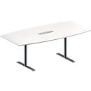 Schäfer Shop Genius Konferenztisch MODENA FLEX, mit Tischanschlussfeld, Boot, T-Fuß Rundrohr, B 2000 x H 650-850 mm, weiß/weißaluminium RAL 9006