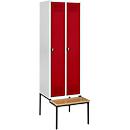 Schäfer Shop Genius Locker with bench, 2 compartments, locking with safety swivel locking bolt, light grey/red