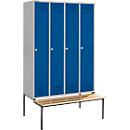Schäfer Shop Genius Locker with bench, 4 compartments, cylinder lock, aluminium white/gentian blue