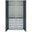 Schäfer Shop Genius materiaalkast FS, 5 OH, afsluitbaar, 4 legborden/12 laden, tot 450 kg, B 1055 x D 520 x H 1950 mm, staal, lichtgrijs/antracietgrijs