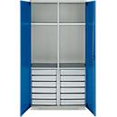 Schäfer Shop Genius materiaalkast FS, 5 OH, afsluitbaar, 4 legborden/12 laden, tot 450 kg, B 1055 x D 520 x H 1950 mm, staal, lichtgrijs/gentiaanblauw