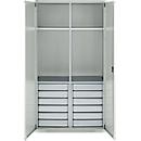 Schäfer Shop Genius materiaalkast FS, 5 OH, afsluitbaar, 4 legborden/12 laden, tot 450 kg, B 1055 x D 520 x H 1950 mm, staal, lichtgrijs/lichtgrijs