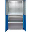 Schäfer Shop Genius materiaalkast FS, 5 OH, afsluitbaar, geperforeerde roosterwanden/2 laden/2 legborden, tot 450 kg, B 1055 x D 520 x H 1950 mm, aluminium wit/ gentiaanblauw + gratis inzetbakset-24 st.